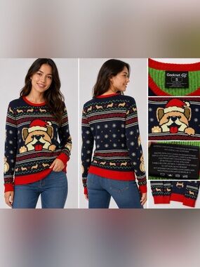Geeknet Bulldog Ugly Christmas Sweater Men’s Small Navy Santa Dog Holiday Knit